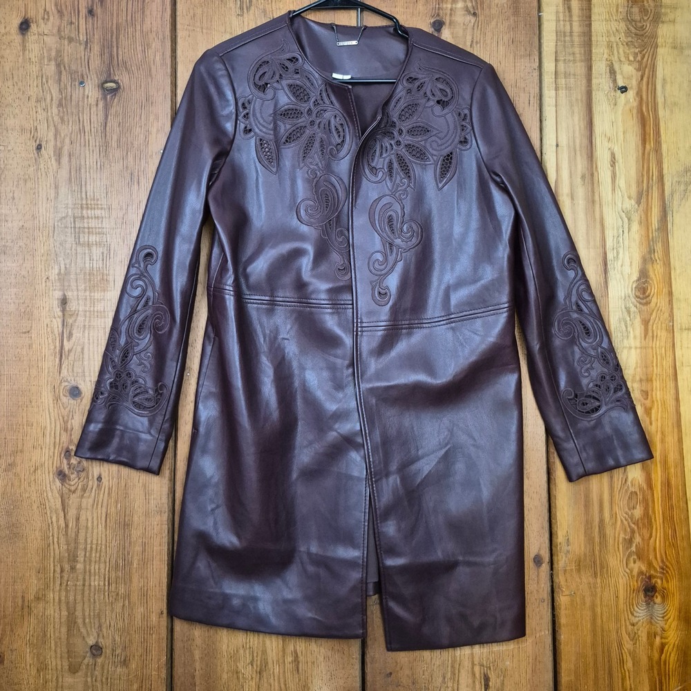 Chicos Faux Leather Embroidered Cutout Jacket Plum Burgundy Size 1 US 8